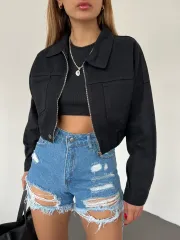 Fermuarlı Siyah Denim Ceket