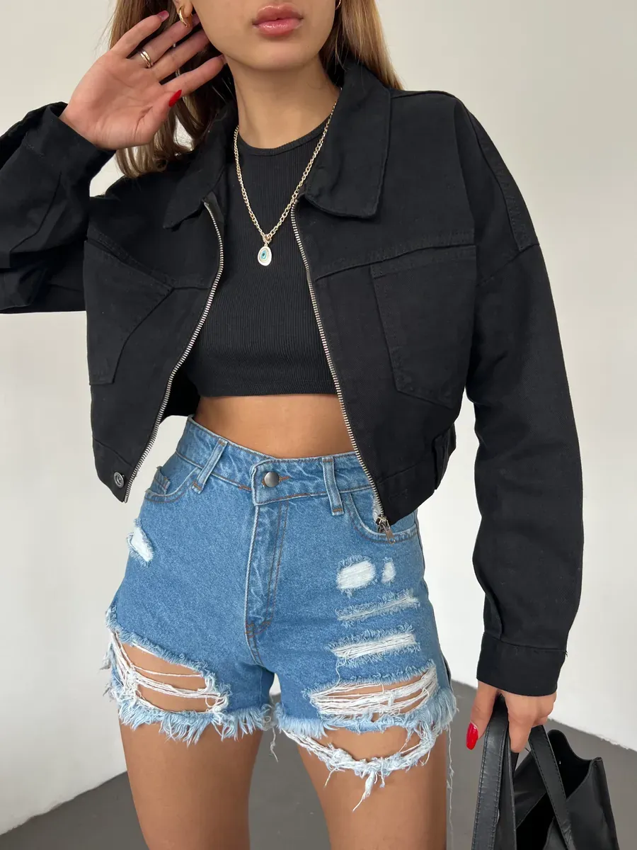Fermuarlı Siyah Denim Ceket