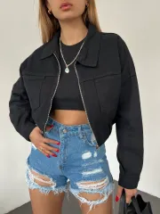 Fermuarlı Siyah Denim Ceket